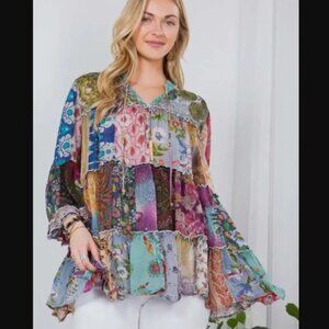 Young Threads Multi Color Patchwork Bell Sleeve Tiered Tunic Top sz L  NWT  B21